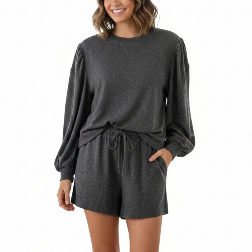 By the River Heather Gray Long Sleeve Sweatshirt & Shorts Lounge Set Medium